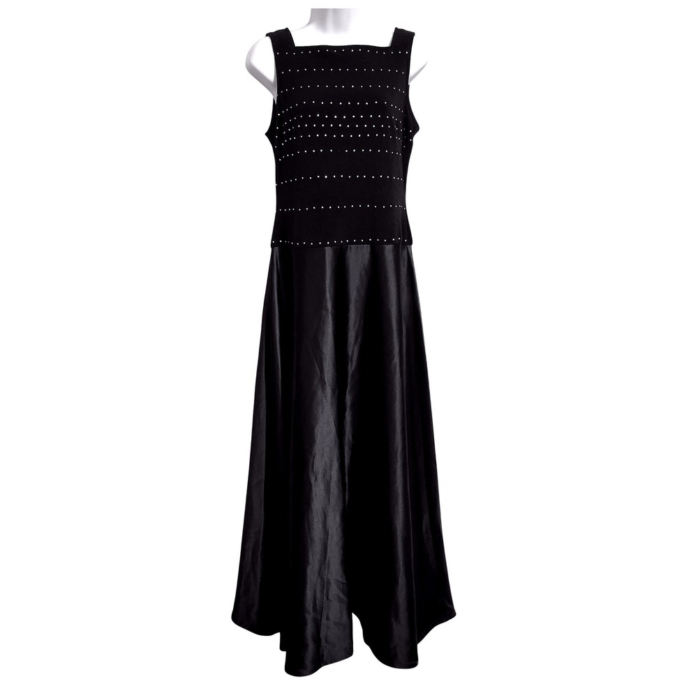Vtg Y2K Tadashi Shoji Black Studded Square Neck Sleeveless Full Length Gown Sz 4